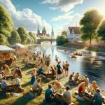 DALL·E 2024-02-24 11.52.58 - Capture a hyper-realistic photo of a lively beer party taking place on the banks of the Leine River in Hannover, with an emphasis on photorealism. The.webp